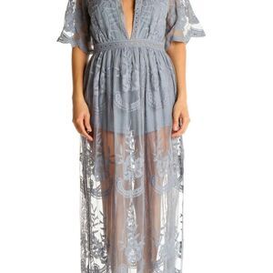 DUSTY BLUE SHEER LACE MAXI ROMPER DEEP V FRONT Size Small